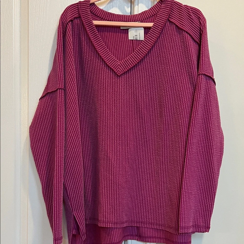 Zenana NWT plum V-Neck long sleeve ribbed hi/lo hem tunic - Picture 4 of 11